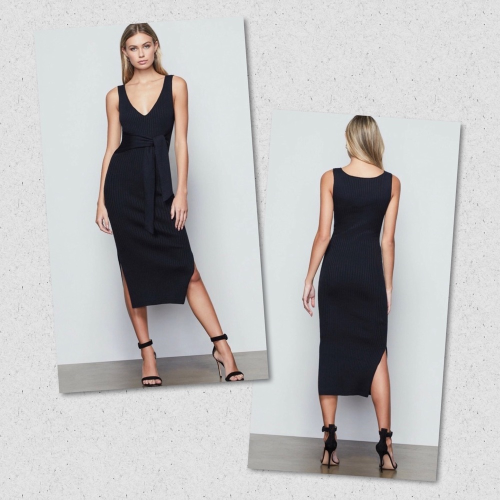 GOOD AMERICAN Black Ribbed V-Neck Tie-Front Sleeveless Knit Midi Dress Size 2